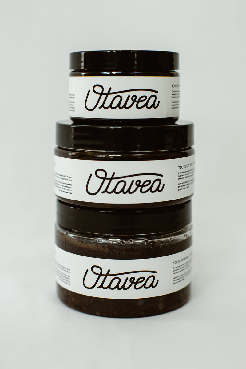 Size comparison of jars of Chocolate Coffee Body Scrub from Otavea